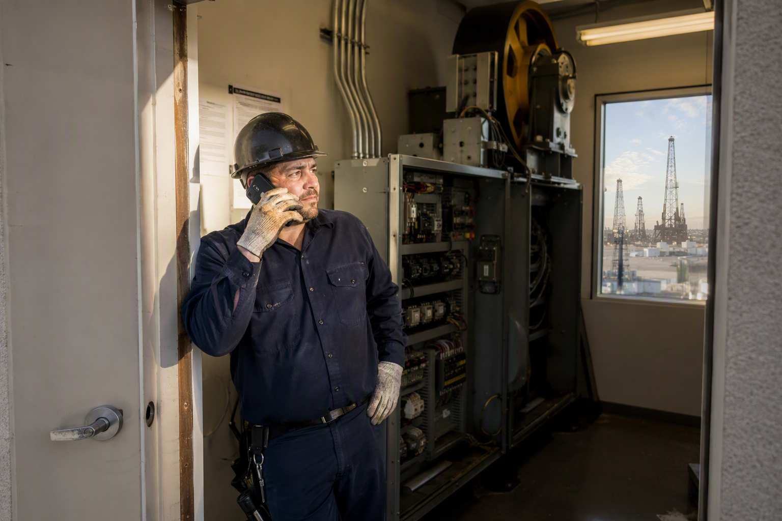 Emergency Elevator Response in Signal Hill Licensed elevator technician responding to an emergency elevator repair call in a Signal Hill CA commercial building machine room with controller panel visible