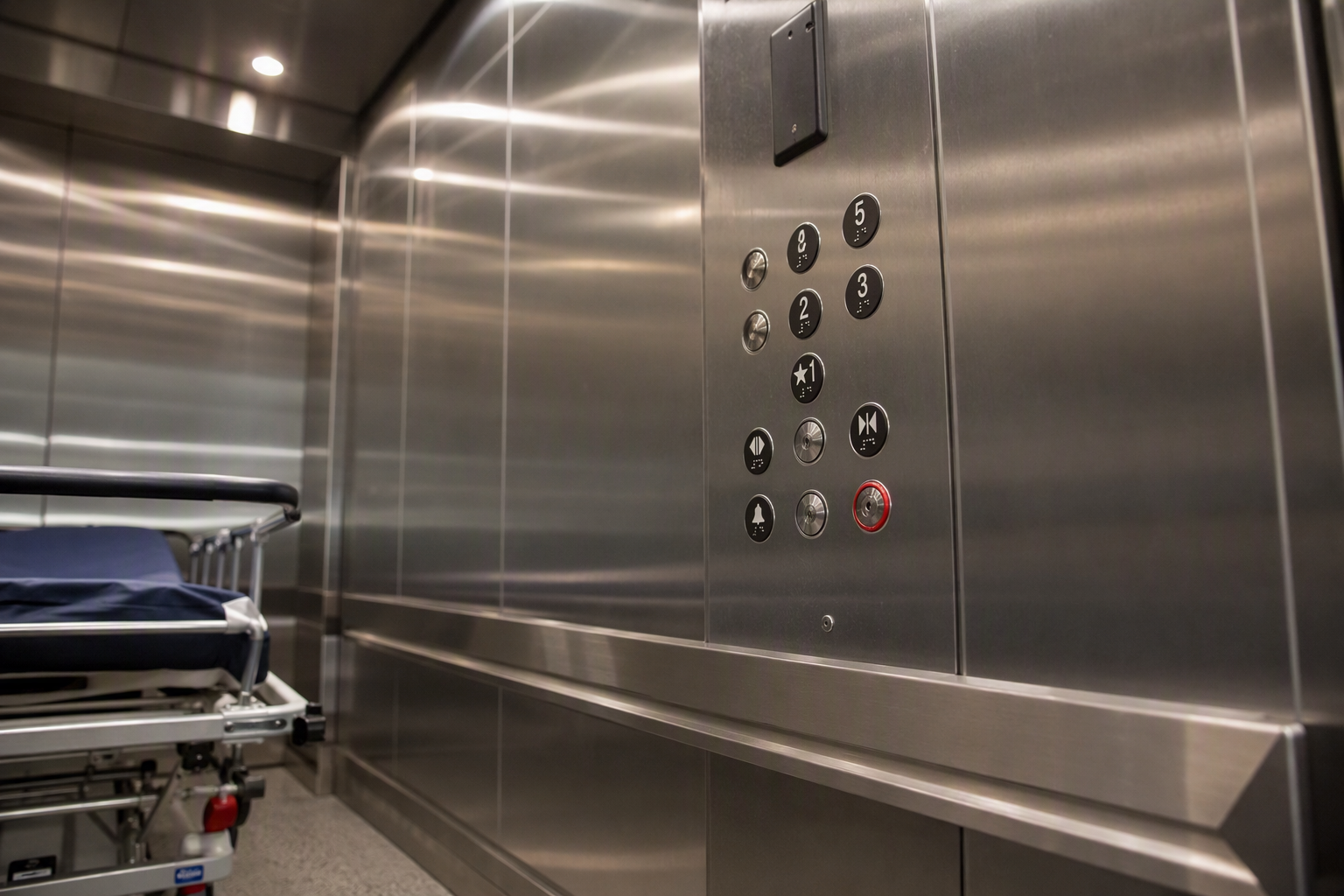 Interior of a hospital-duty elevator cab showing ADA-compliant controls, stainless steel walls, handrails, and gurney-width door opening