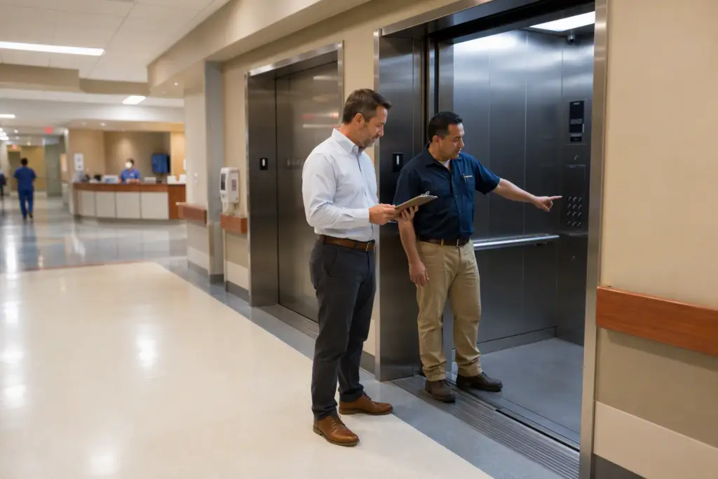 Hospital elevator technician and facilities manager reviewing requirements at a wide hospital-duty elevator entrance in a Southern California medical facility