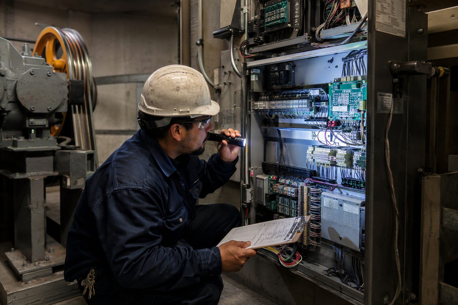 Certified elevator inspector examining hospital elevator machine room controller and maintenance records during a Cal/OSHA compliance inspection in Southern California