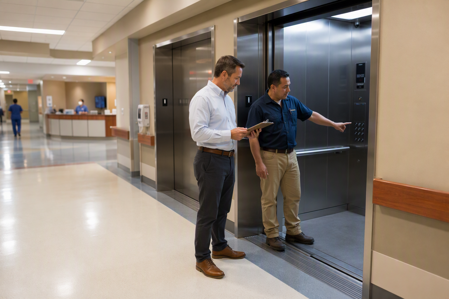 Hospital elevator technician and facilities manager reviewing requirements at a wide hospital-duty elevator entrance in a Southern California medical facility