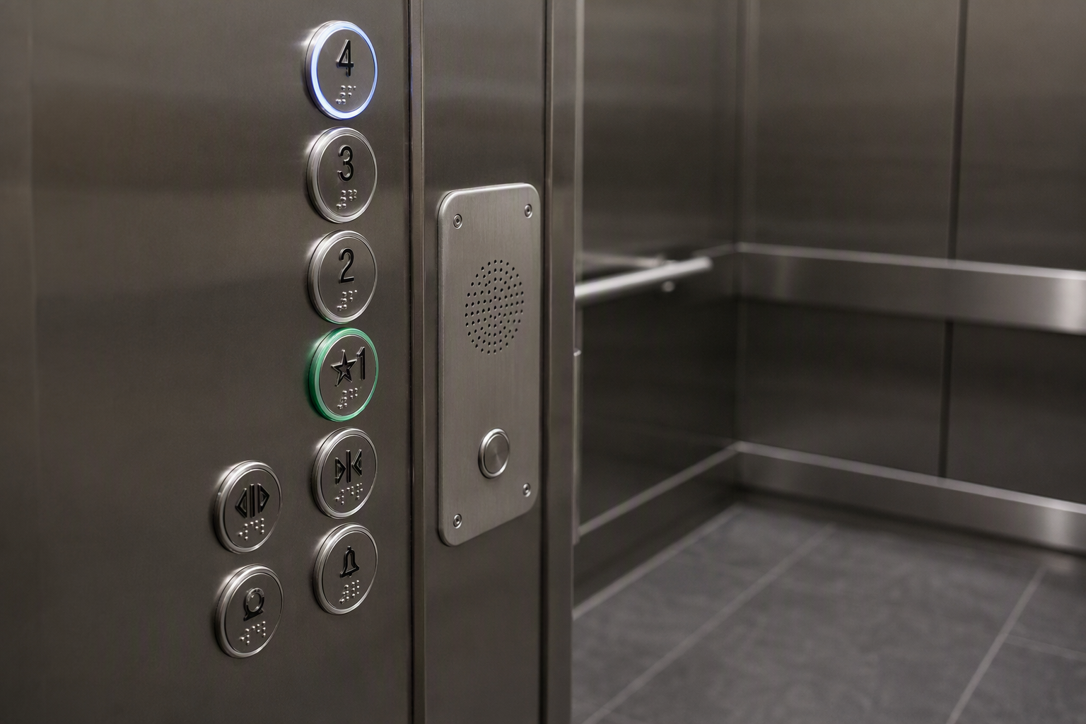 ADA-compliant elevator cab control panel with Braille buttons and two-way emergency communication system required for California commercial buildings