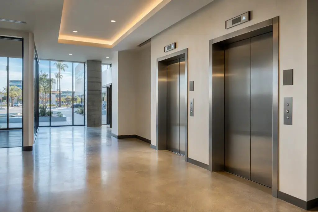 ADA-compliant elevator call panel with Braille signage and visual floor indicators in a Long Beach CA commercial office building lobby