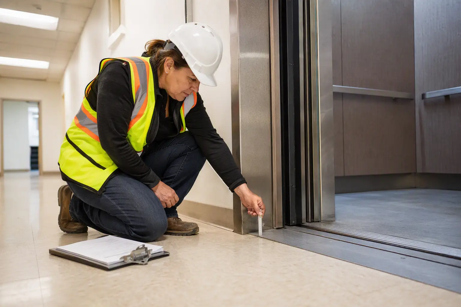 Elevator compliance inspector measuring cab floor leveling tolerance for ADA accessibility requirements in a Signal Hill CA commercial building