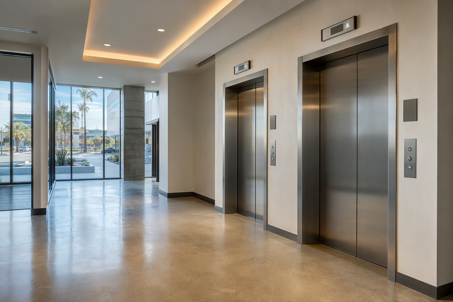 ADA-compliant elevator call panel with Braille signage and visual floor indicators in a Long Beach CA commercial office building lobby