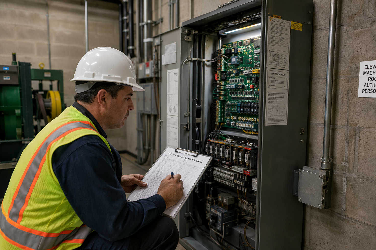 Cal/OSHA Elevator Inspection — Machine Room Elevator inspector reviewing a Cal/OSHA inspection checklist at a machine-room controller inside a multifamily apartment building in Southern California