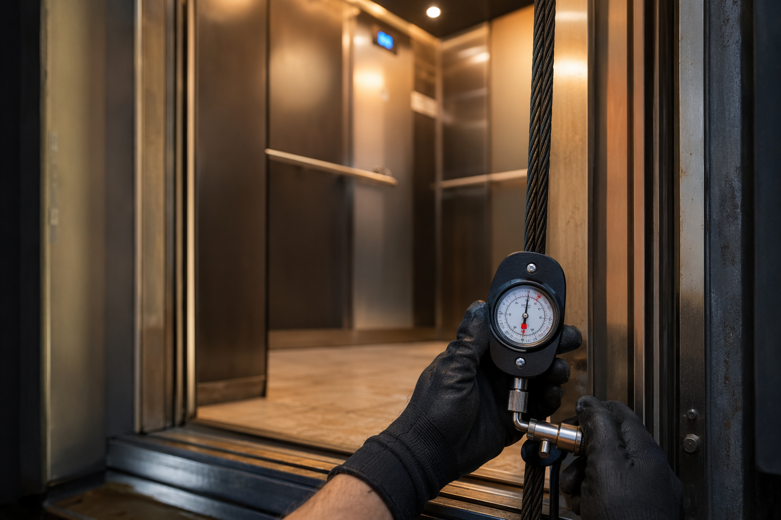 ASME A17.1 Maintenance Check — Elevator Cab Elevator technician performing an ASME A17.1 governor rope tension check inside an apartment building elevator cab in Orange County California