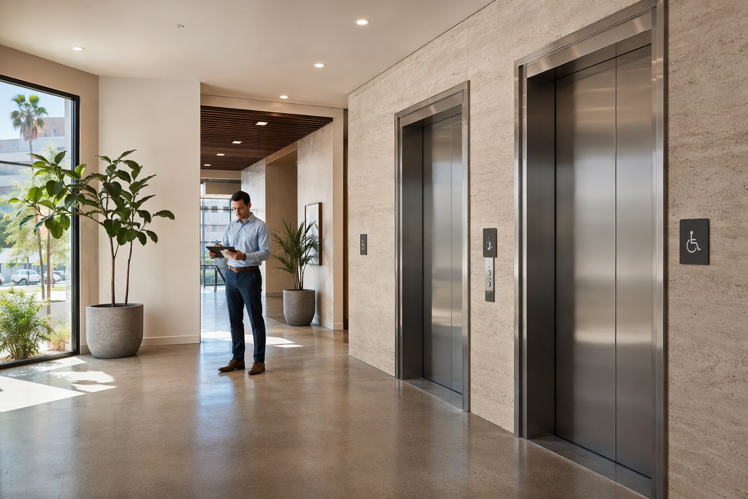 Multifamily Building Elevator Lobby — Los Angeles Elevator bank in a Los Angeles apartment building lobby, showing stainless steel doors and ADA-compliant fixtures subject to California Title 8 inspection requirements