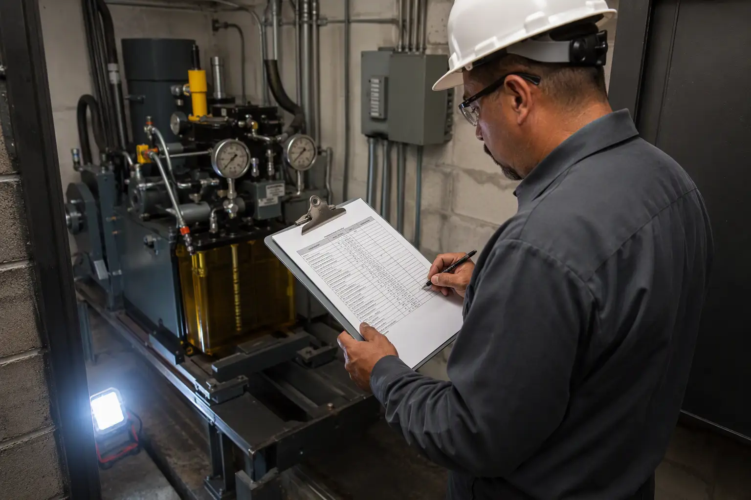 Elevator Inspector Reviewing Compliance Documentation Certified elevator inspector reviewing compliance checklist beside hydraulic elevator equipment in a California commercial building machine room during an annual inspection.