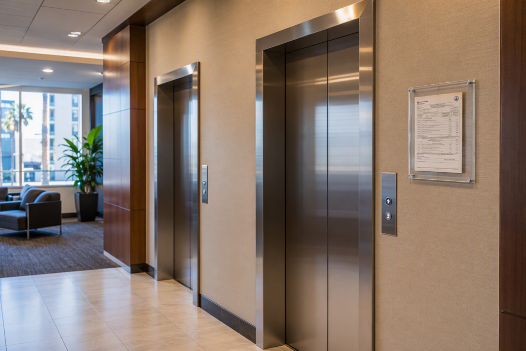 Commercial elevator lobby in a Long Beach CA office building showing inspection certificate posted beside stainless-steel elevator doors, illustrating California annual inspection requirements.