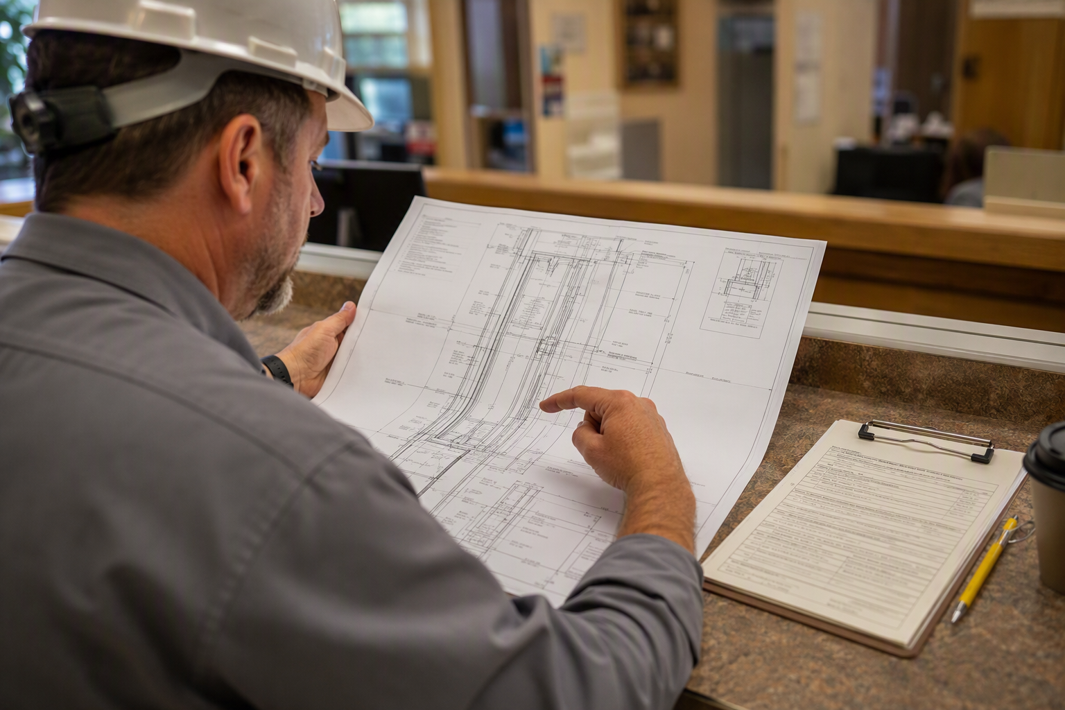 AHJ Permit Review for California Elevator Alteration Elevator inspector reviewing California alteration permit drawings at a Long Beach building department counter, a key step in determining mandatory code upgrade requirements.