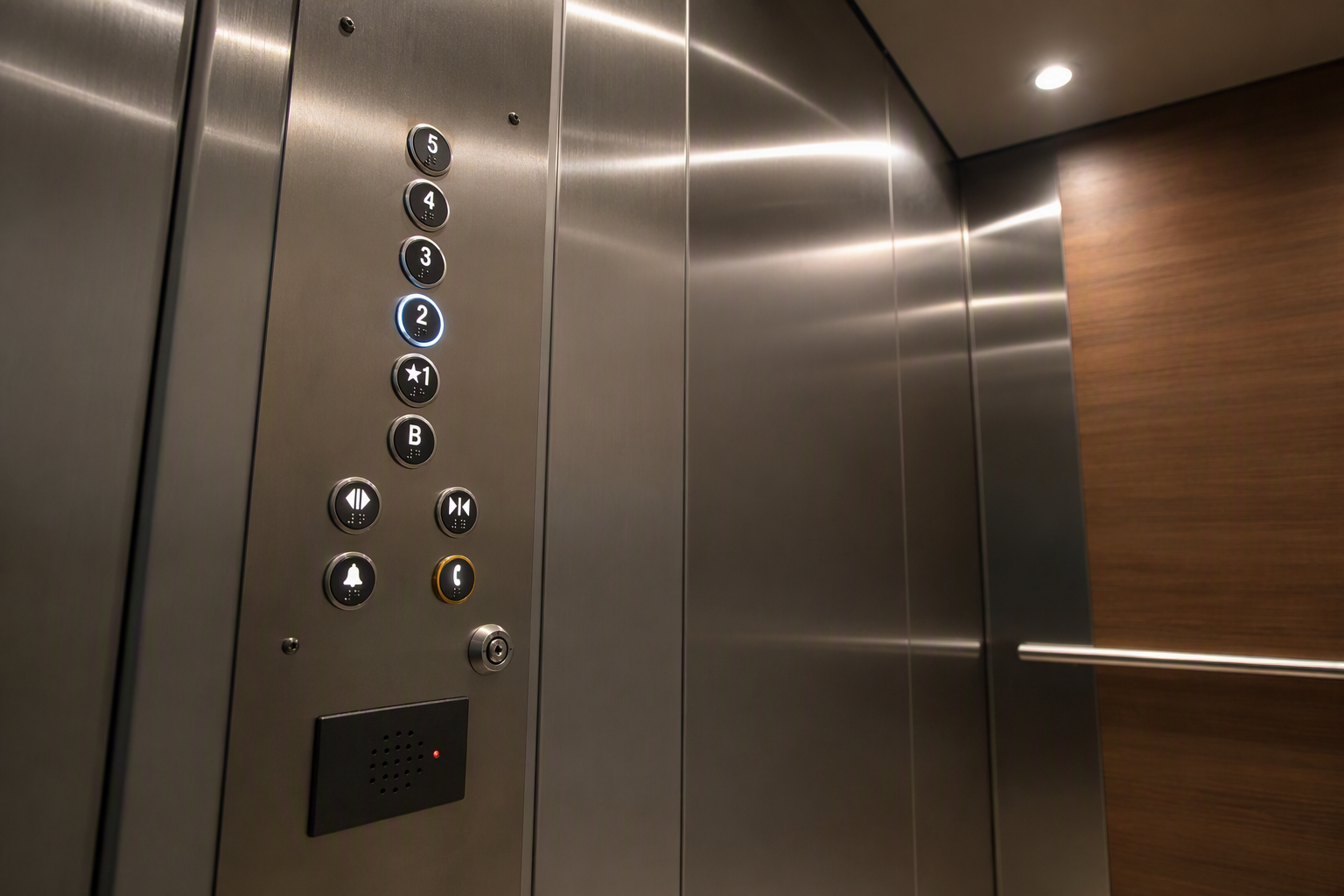Modernized Elevator Cab: Code-Compliant Fixtures After California Upgrade Newly modernized elevator cab interior in Southern California showing ADA-compliant operating panel and updated fixtures required under California elevator code upgrade standards.
