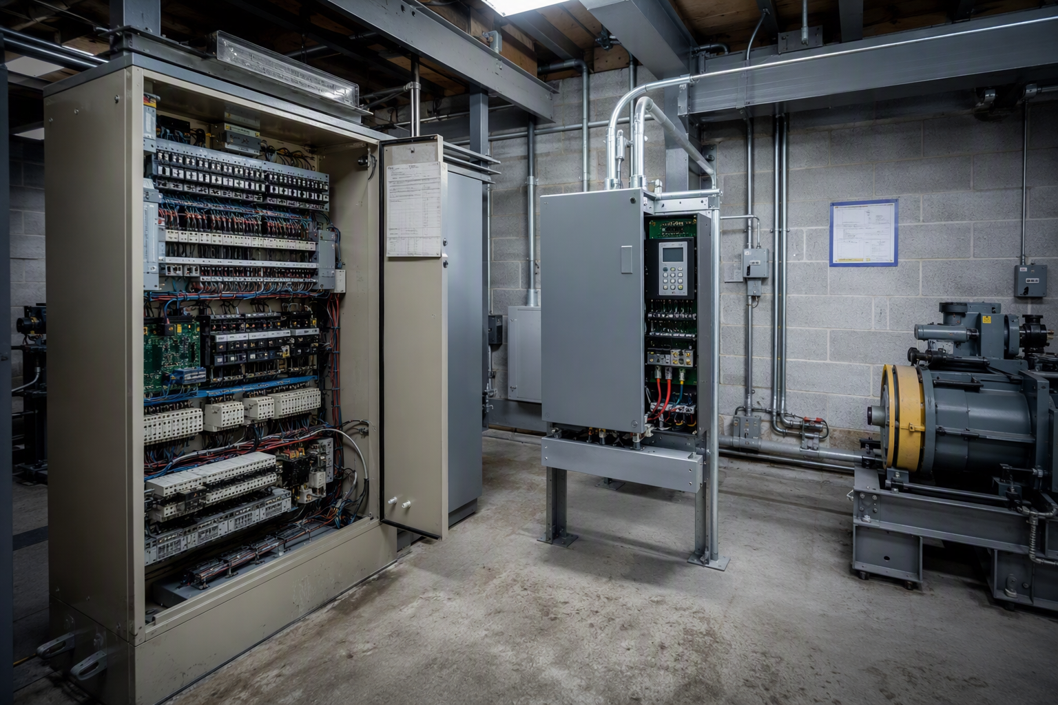 California Elevator Modernization: Machine Room Code Comparison Elevator machine room in Los Angeles showing old controller panel beside new modernization equipment, illustrating California elevator code upgrade requirements during alteration work.