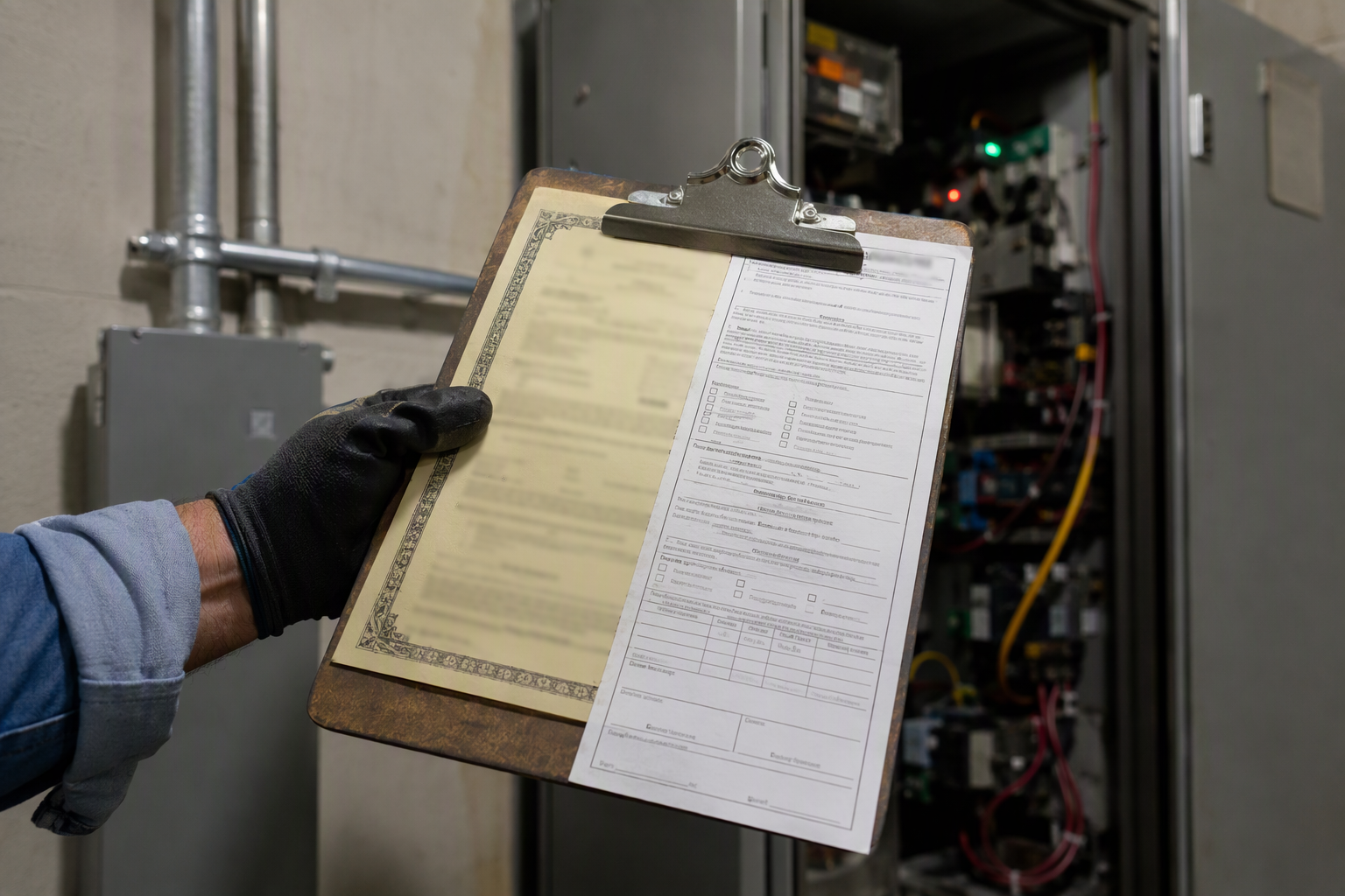 Facility manager reviewing DOSH elevator inspection violation notice on a clipboard inside a healthcare building machine room in Los Angeles or Long Beach CA.