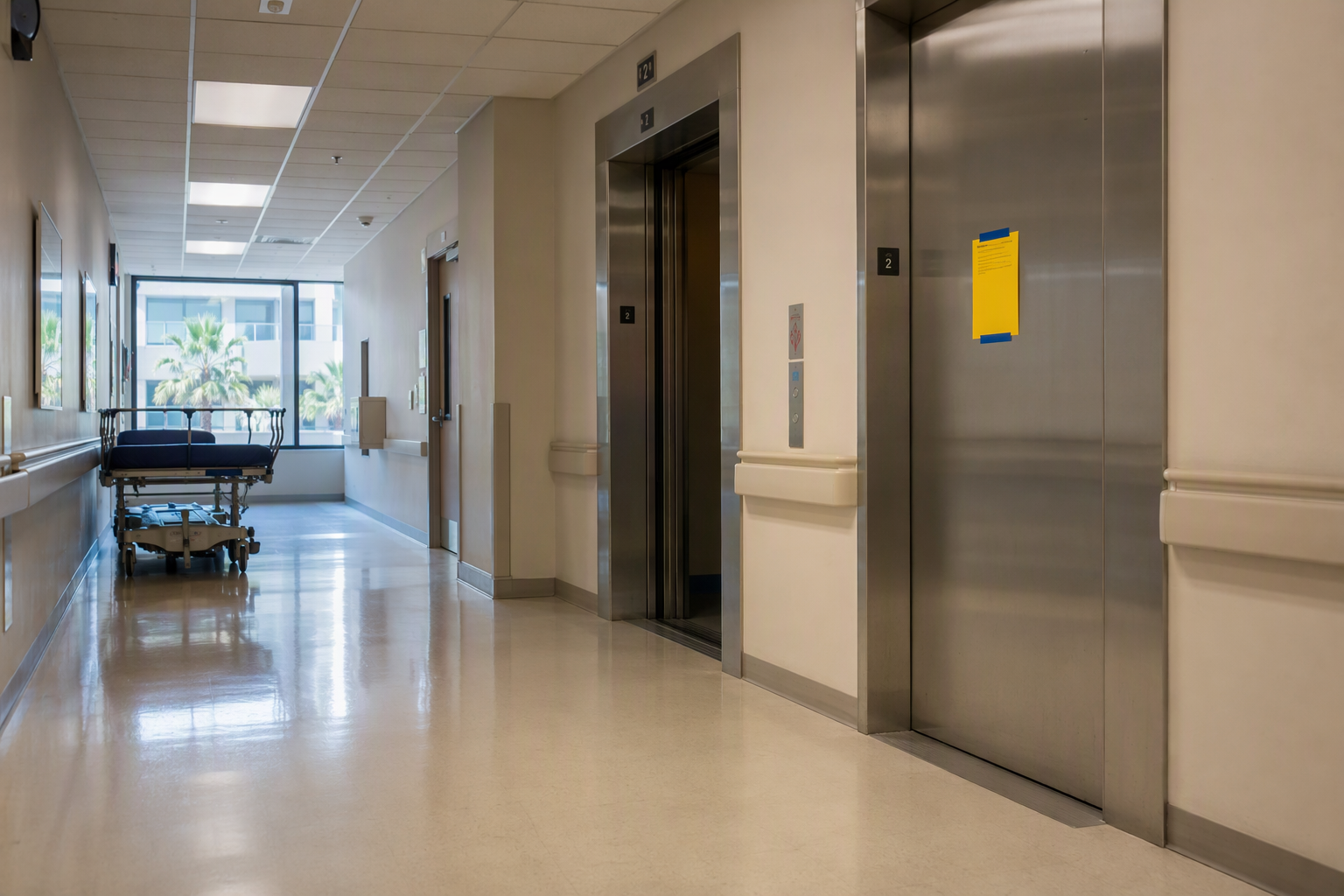 Hospital elevator bank in Southern California with one cab under a DOSH out-of-service order, showing the immediate operational impact on healthcare facility access.
