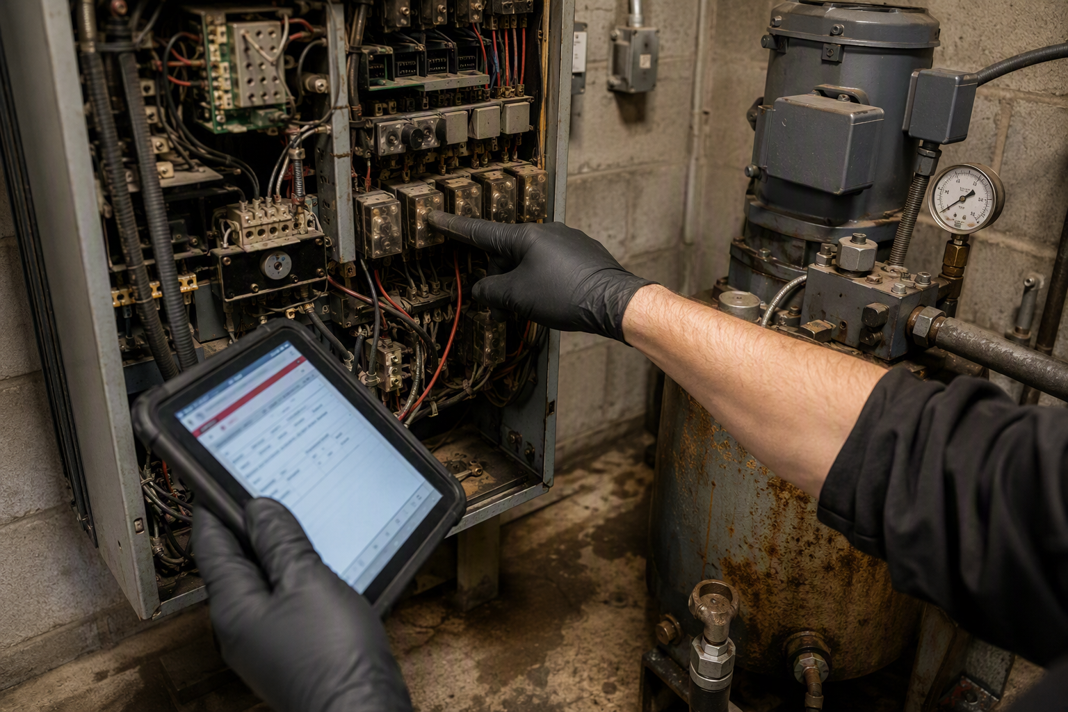 Diagnosing Root Causes in the Machine Room Elevator technician diagnosing a faulty hydraulic controller and worn relay components in a Signal Hill CA machine room, a common cause of repeated elevator breakdowns.