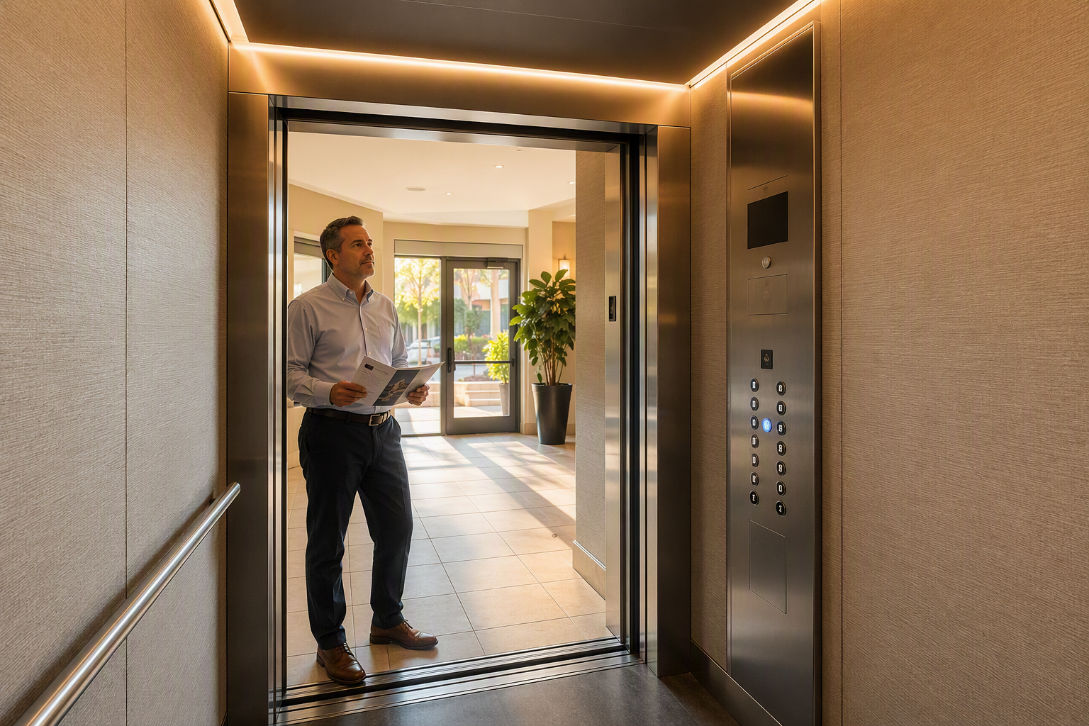 Elevator Modernization as a Long-Term Solution Modernized elevator cab interior with new LED lighting and updated fixtures in an Orange County CA multifamily building, representing a long-term solution to repeated elevator breakdowns.