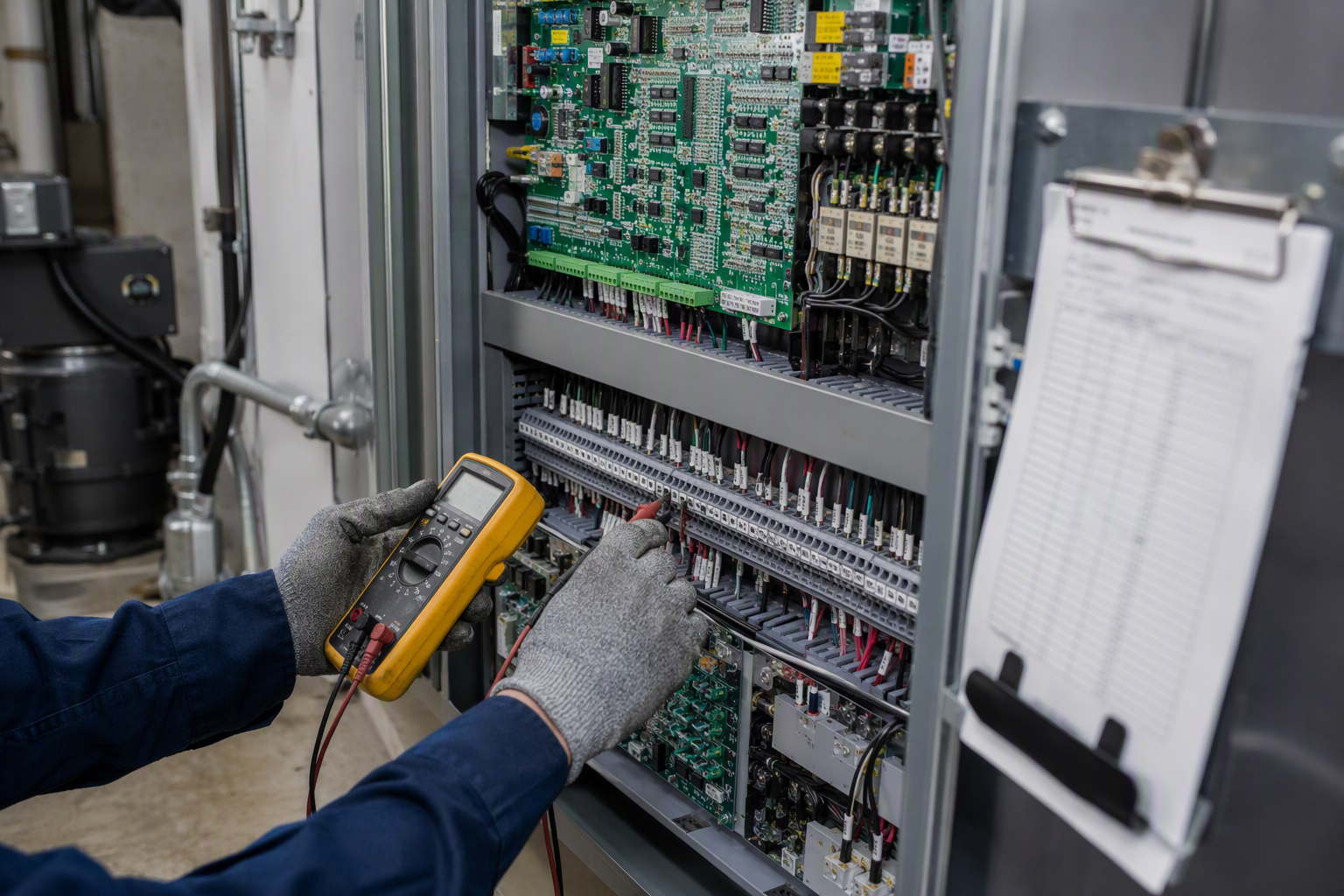Elevator technician using a multimeter to diagnose a hydraulic controller in a commercial building machine room during a repair service call in Orange County CA