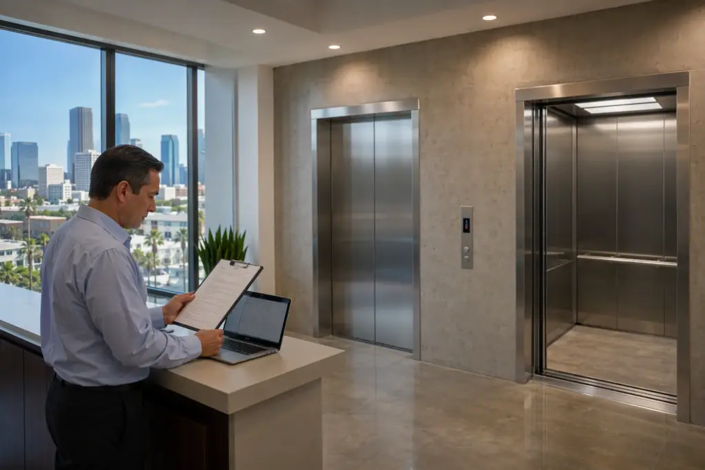 Property manager reviewing a commercial elevator repair cost estimate in a Los Angeles office building lobby with modernized elevator cab visible in background