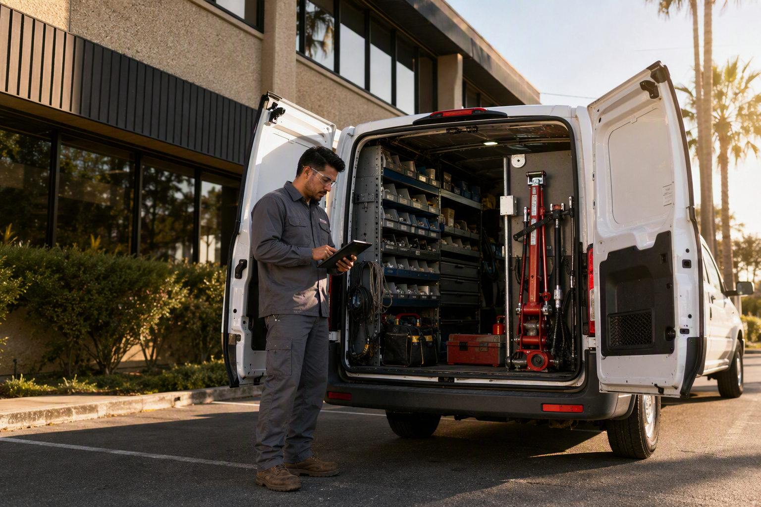 On-Site Elevator Service Response – Southern California Elevator service technician preparing parts from a service van outside a commercial building in Long Beach CA for a repair affecting elevator downtime and repair cost