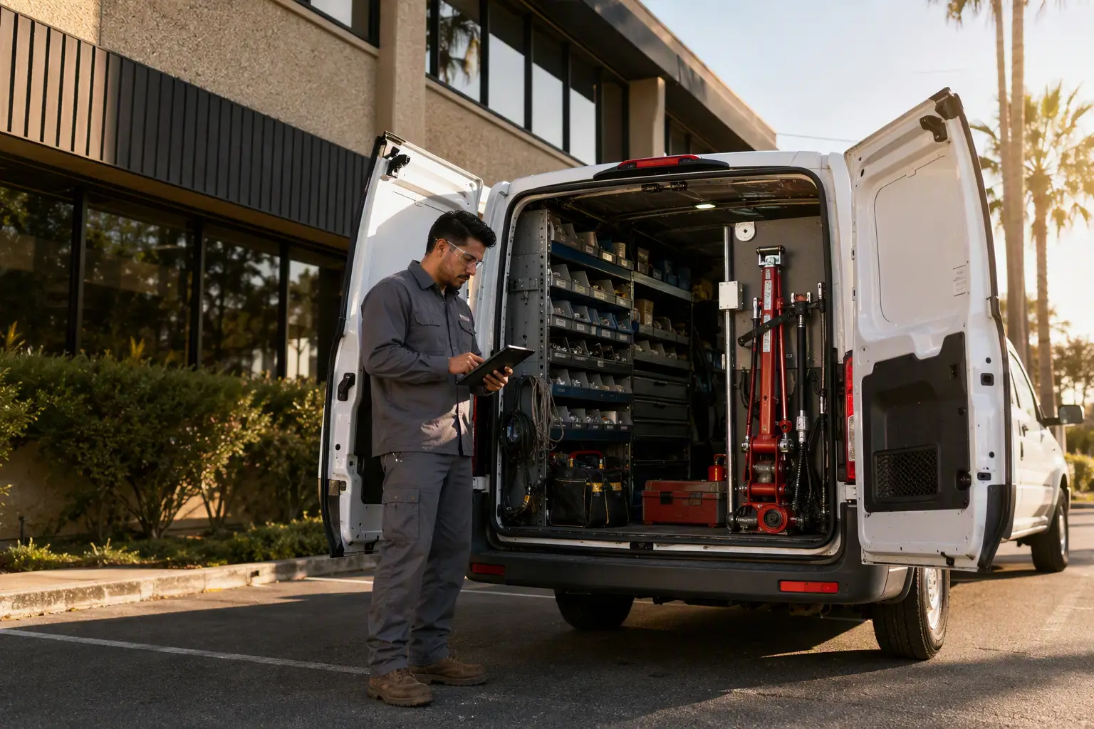Elevator service technician preparing parts from a service van outside a commercial building in Long Beach CA for a repair affecting elevator downtime and repair cost