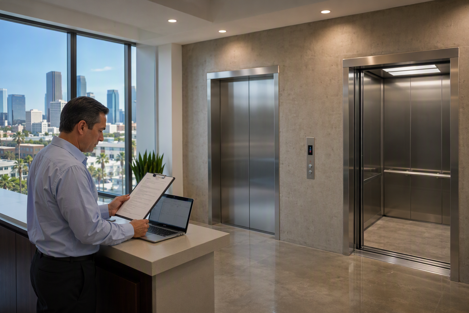 Property manager reviewing a commercial elevator repair cost estimate in a Los Angeles office building lobby with modernized elevator cab visible in background