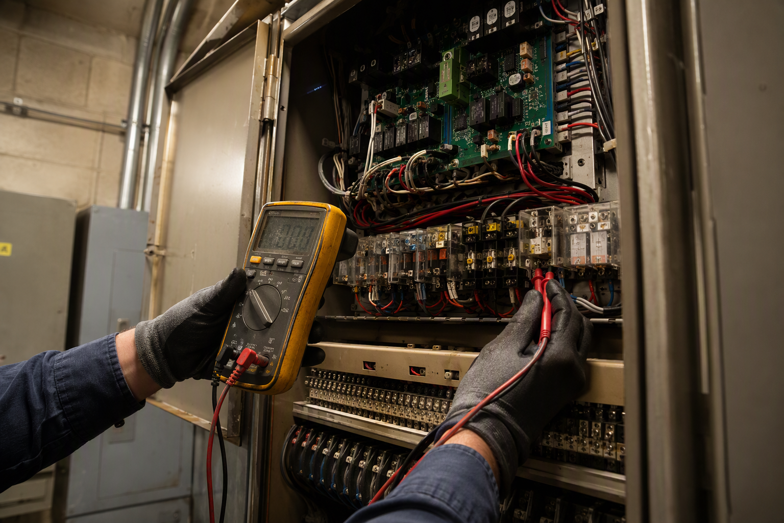 Elevator technician diagnosing a commercial elevator controller in a machine room, checking for faults that signal impending elevator breakdown