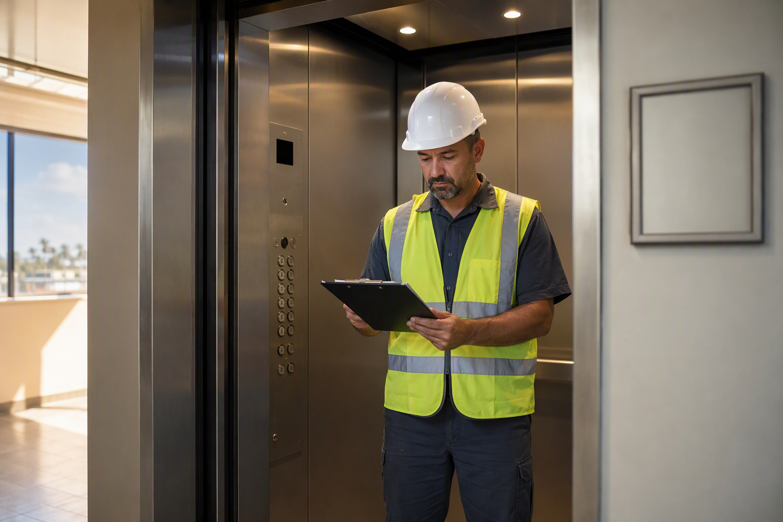 Certified elevator inspector reviewing compliance documentation inside a commercial elevator cab in Los Angeles County, California