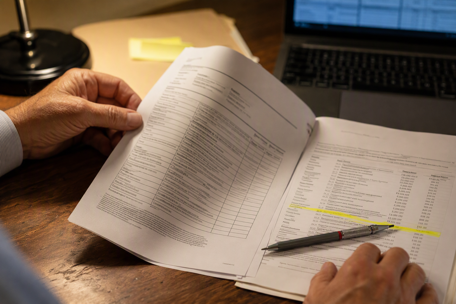 Building manager reviewing California elevator inspection paperwork and maintenance contract costs for a Los Angeles multifamily apartment property