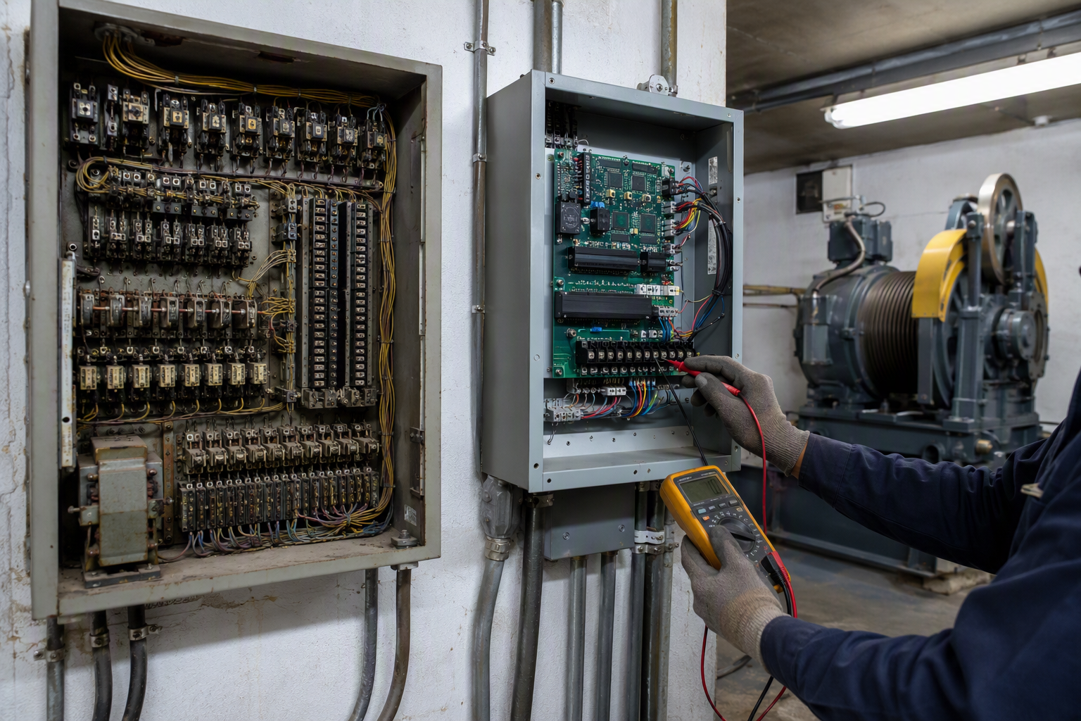 Elevator machine room in Los Angeles apartment building showing aged controller next to modern replacement unit during capital modernization repair work