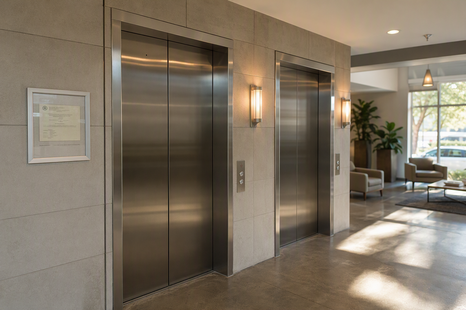 Multifamily apartment building elevator lobby in Long Beach CA showing stainless steel doors and posted California inspection certificate for compliance budgeting