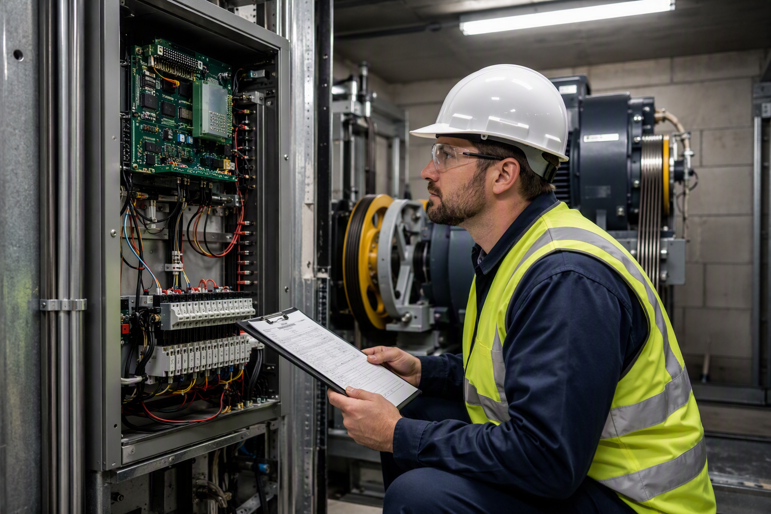 Elevator inspector reviewing a controller panel during a condition assessment in a commercial building machine room in Los Angeles, documenting findings for Q4 capital budget planning.