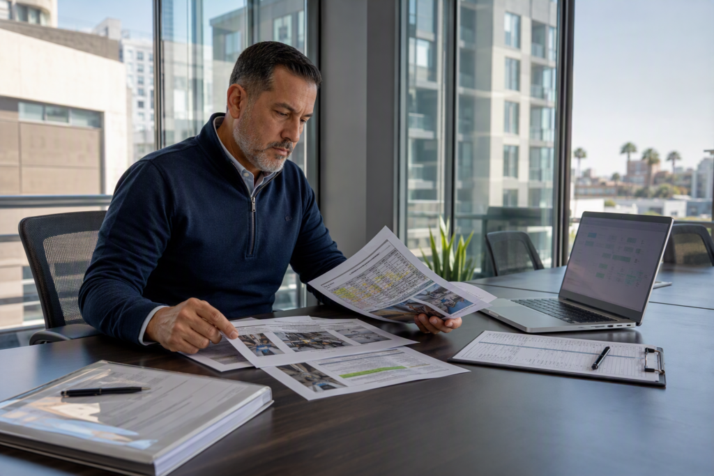 Facility manager reviewing elevator maintenance assessment reports and Q4 capital planning budget documents at a desk in a Long Beach commercial building office.