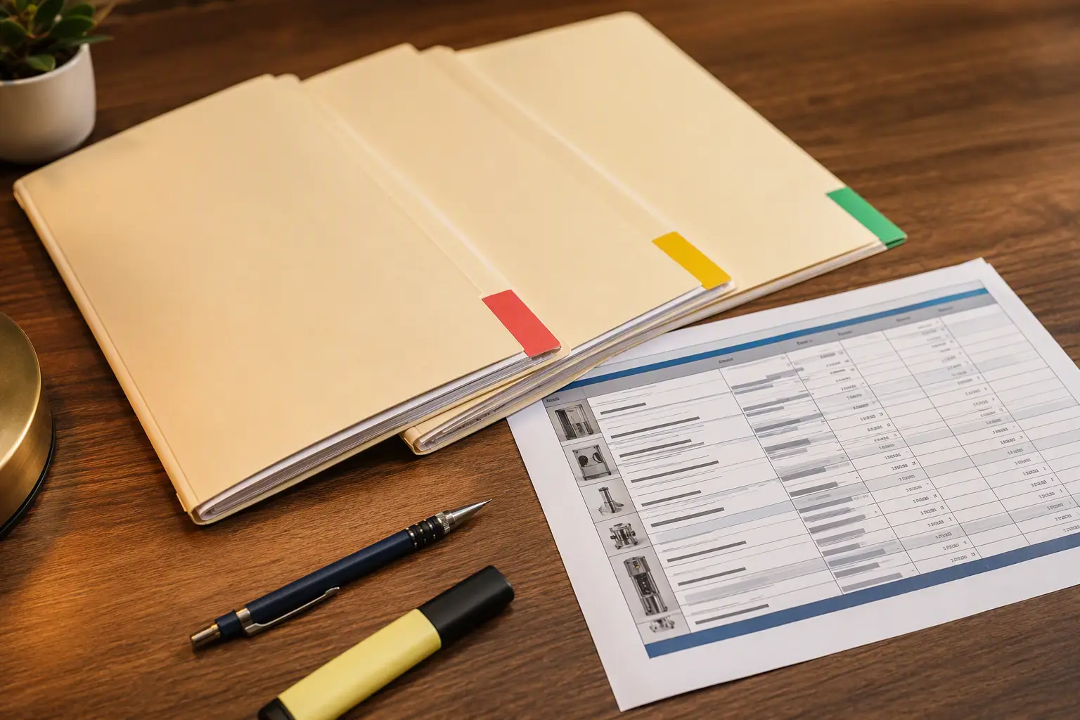 Color-coded budget folders organizing elevator repairs by compliance, capital replacement, and deferred categories to support faster Q4 budget approval for facility managers.