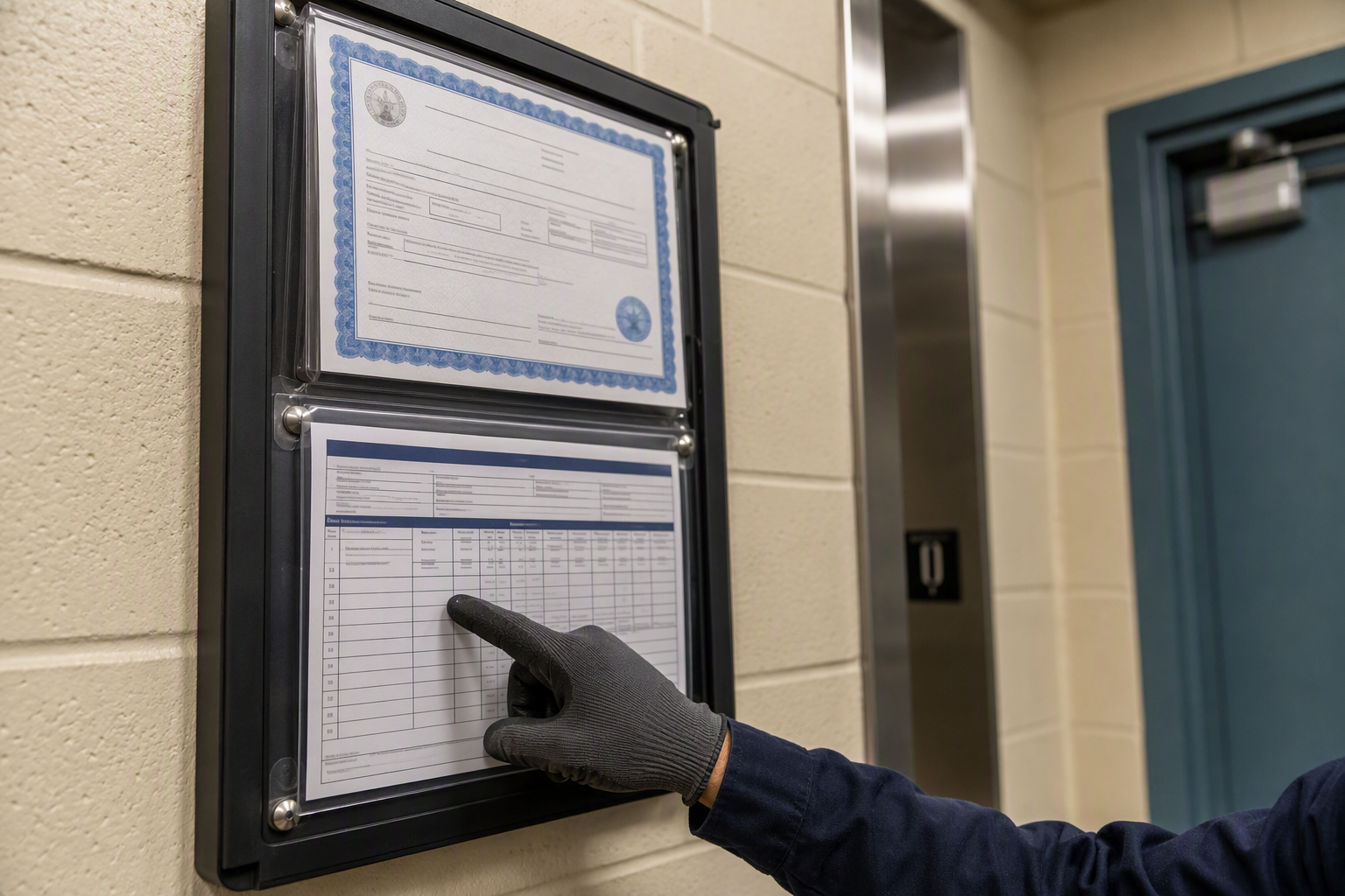 Elevator inspector reviewing permit certificates and inspection records on a school building wall in California, ensuring compliance with state elevator safety regulations