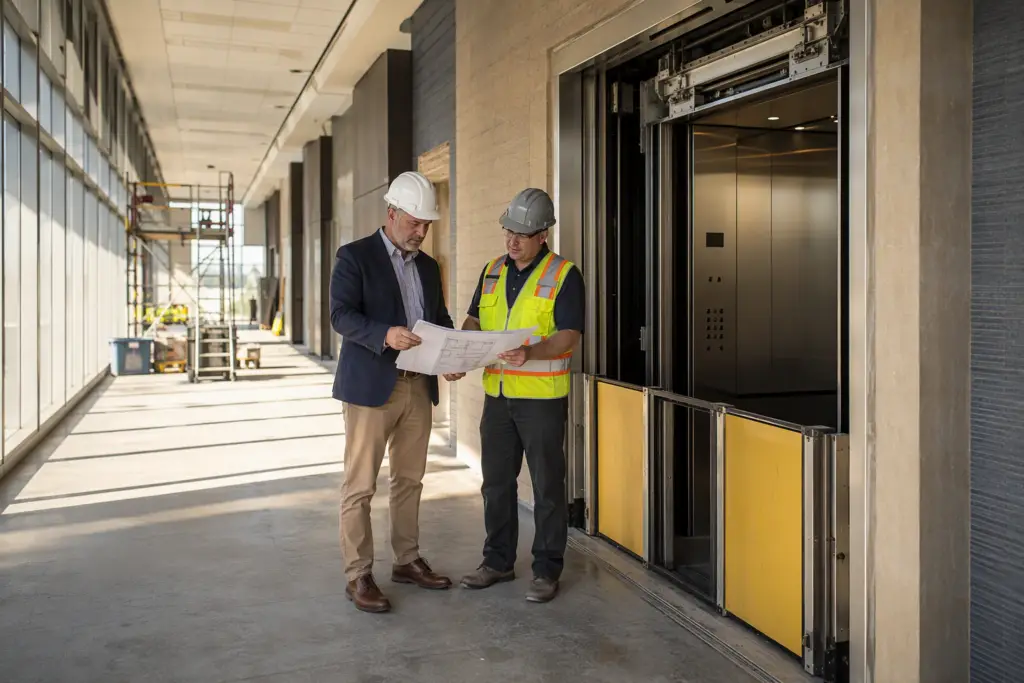 Facility director and elevator inspector reviewing compliance plans at a school elevator lobby during a California campus renovation, checking ASME and ADA requirements