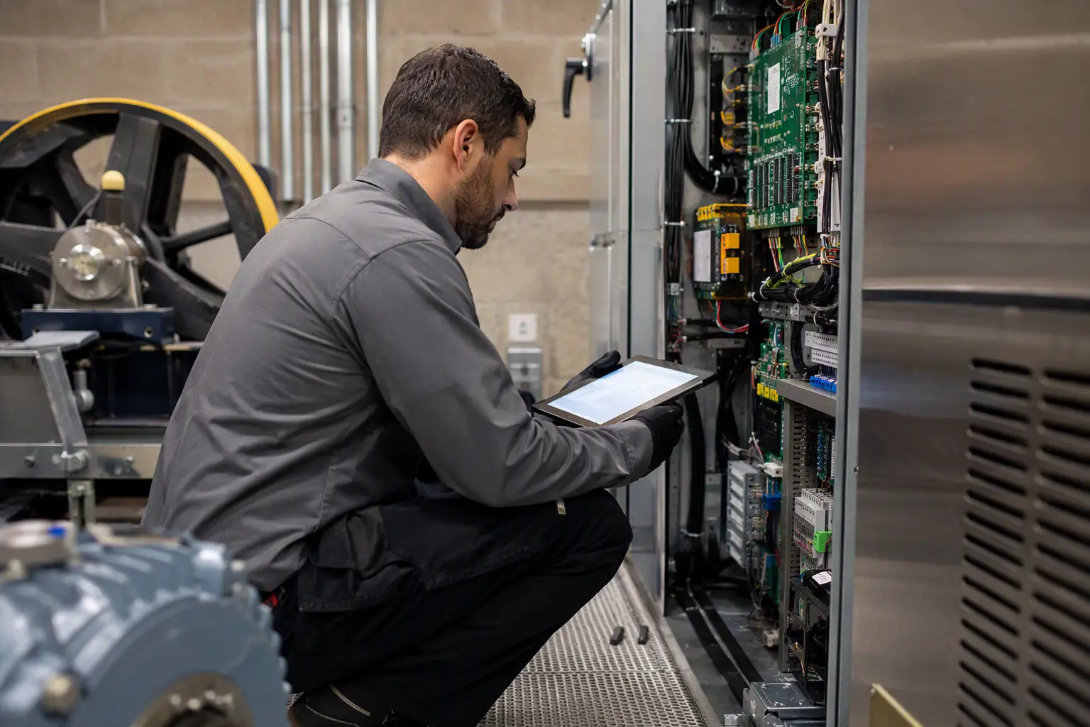 Elevator technician performing preventive maintenance on a university building elevator controller during a California school renovation project to prevent code violations and shutdowns