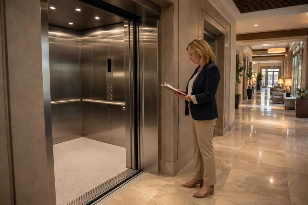 Property manager reviewing California Title 24 and ADA elevator compliance checklist in a senior living building lobby with accessible elevator cab open, Long Beach CA