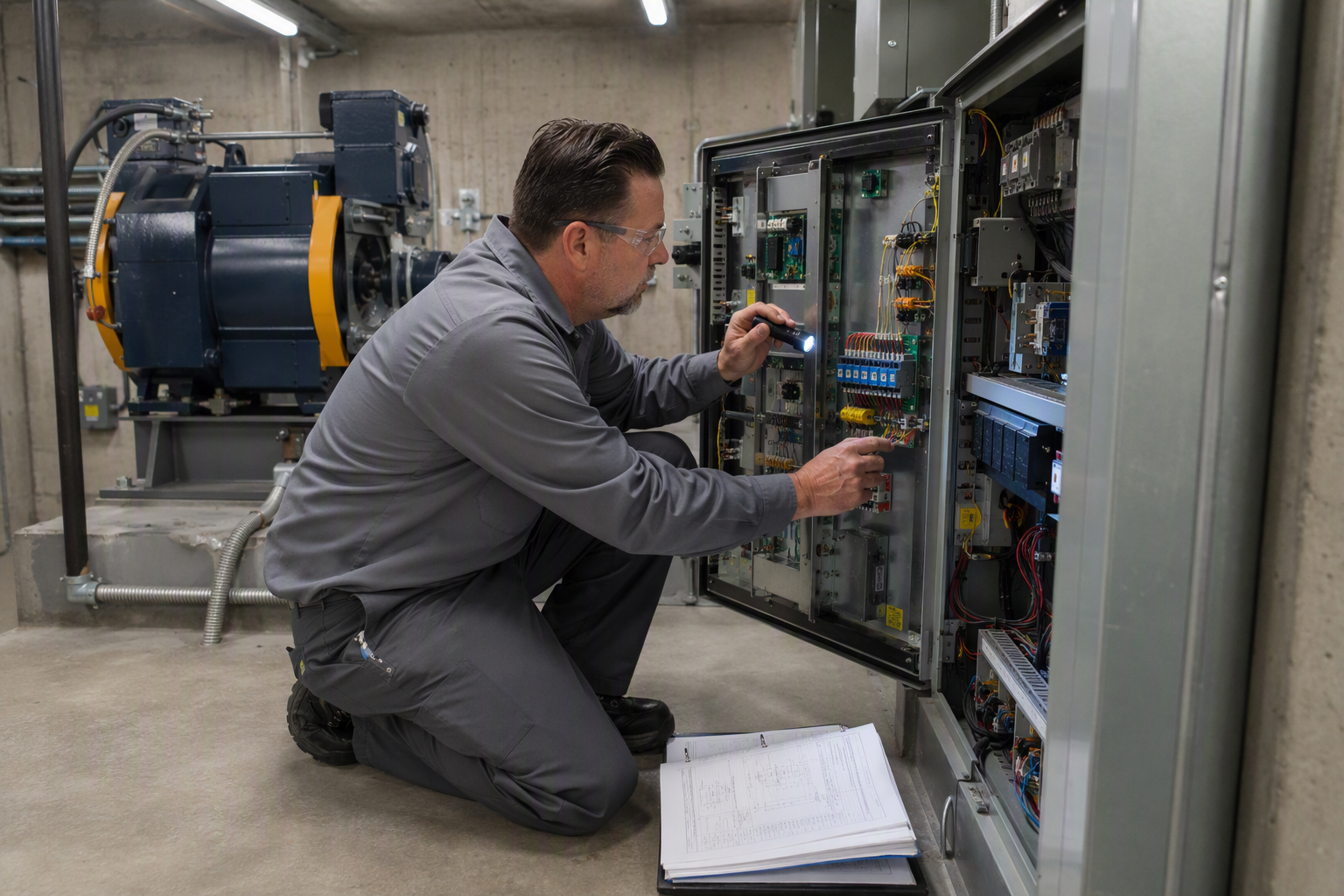Elevator technician inspecting machine room controller for ASME A17.3 and California Title 24 safety code compliance in a Los Angeles area multifamily residential building