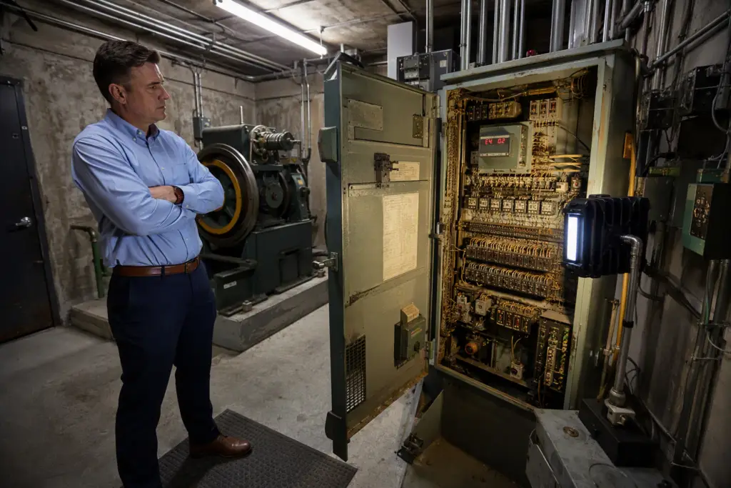 Facility manager inspecting an aging elevator control system in a Los Angeles machine room, reviewing fault codes on a failing relay-based controller cabinet.