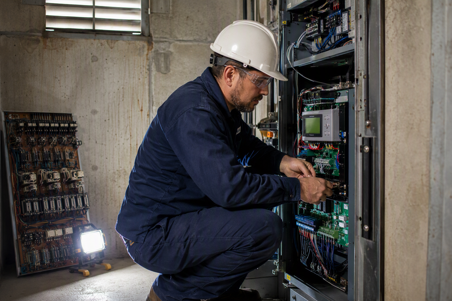 Elevator technician installing a new microprocessor-based elevator control system in a Signal Hill CA machine room, replacing a failed legacy relay controller.