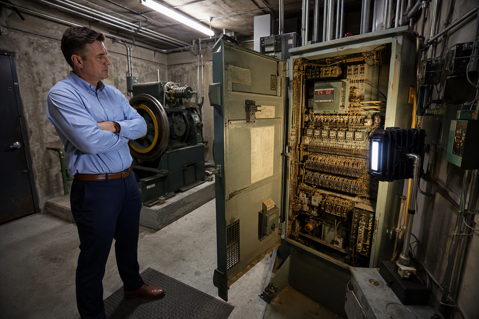 Facility manager inspecting an aging elevator control system in a Los Angeles machine room, reviewing fault codes on a failing relay-based controller cabinet.