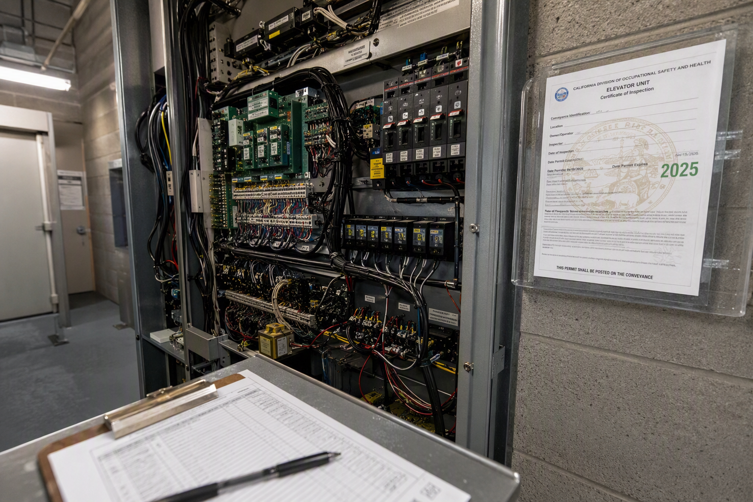 Elevator machine room controller cabinet with Cal/OSHA inspection certificate on wall, representing compliance obligations required in an elevator maintenance contract