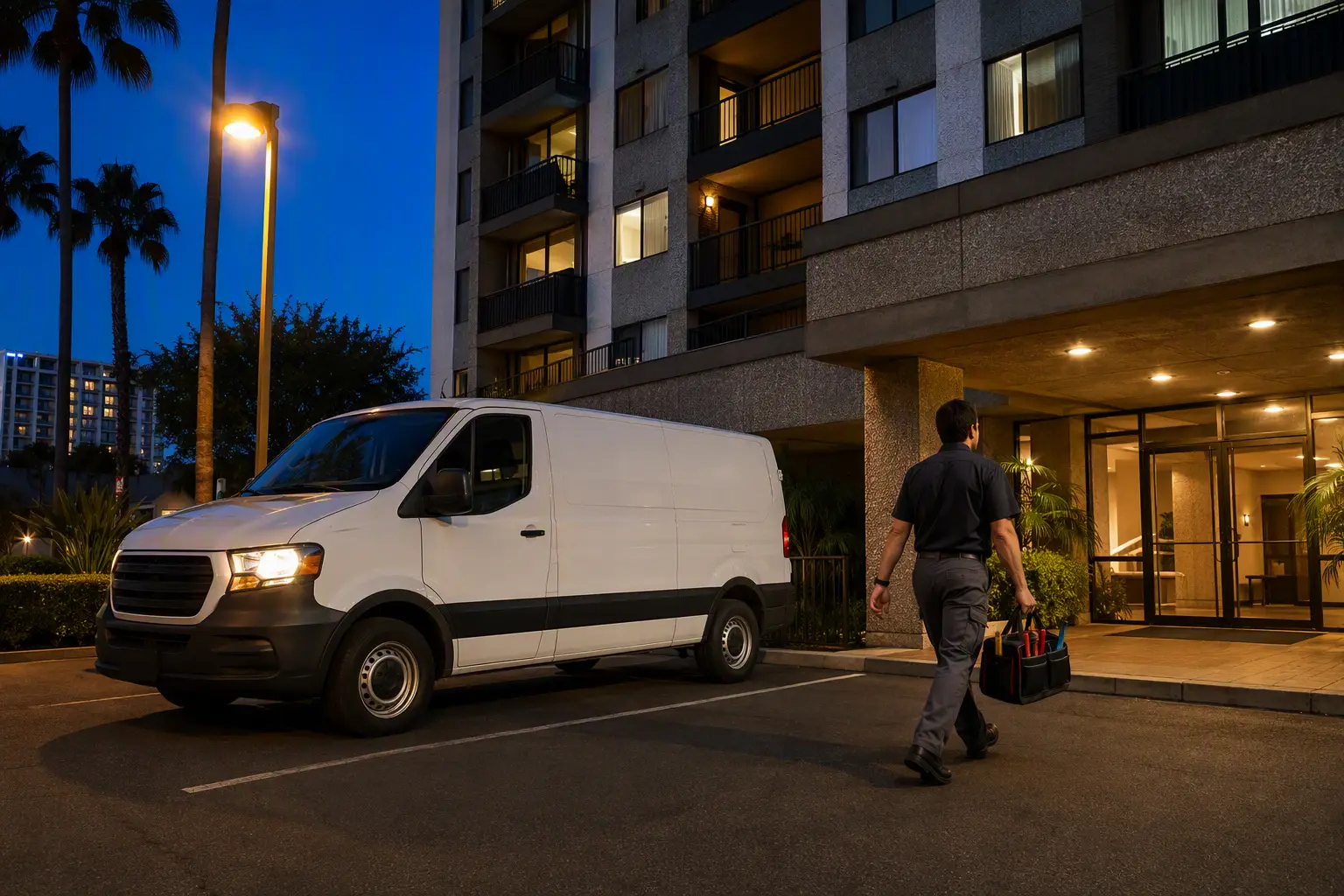 Elevator service technician arriving at a Long Beach apartment building at dusk for an emergency response call, illustrating response time commitments in a maintenance contract