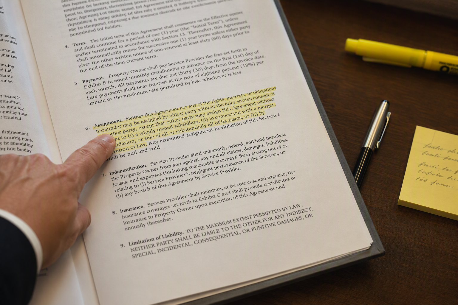 Elevator contract assignment clause detail Close-up of an elevator maintenance contract assignment clause being reviewed during a California commercial building ownership transfer