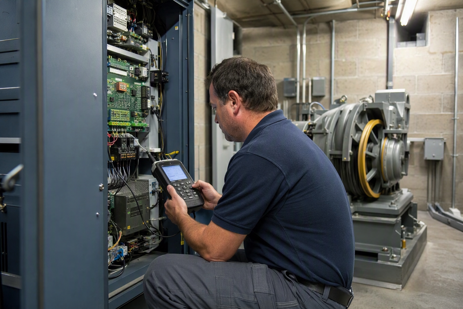 Machine-room elevator maintenance inspection Elevator technician running diagnostics on a controller in an Orange County commercial building machine room during a maintenance contract service visit