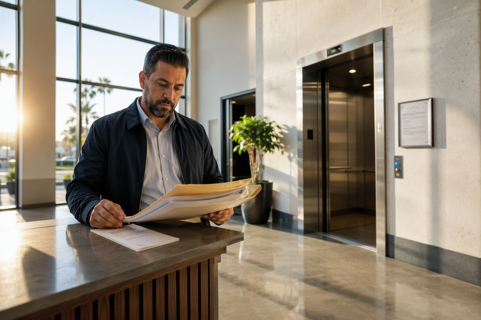 Reviewing elevator contracts at ownership transfer Building manager reviewing elevator maintenance contract documents in a Long Beach CA commercial lobby with stainless steel elevator doors visible in the background