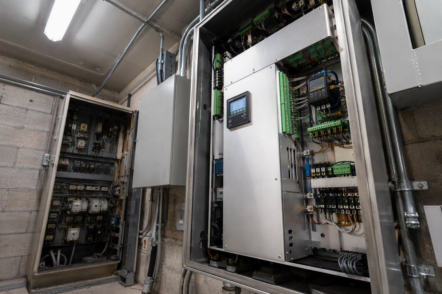 Newly installed solid-state elevator controller in a California commercial building machine room, the type of modernization component eligible for Section 179 expensing or MACRS depreciation.