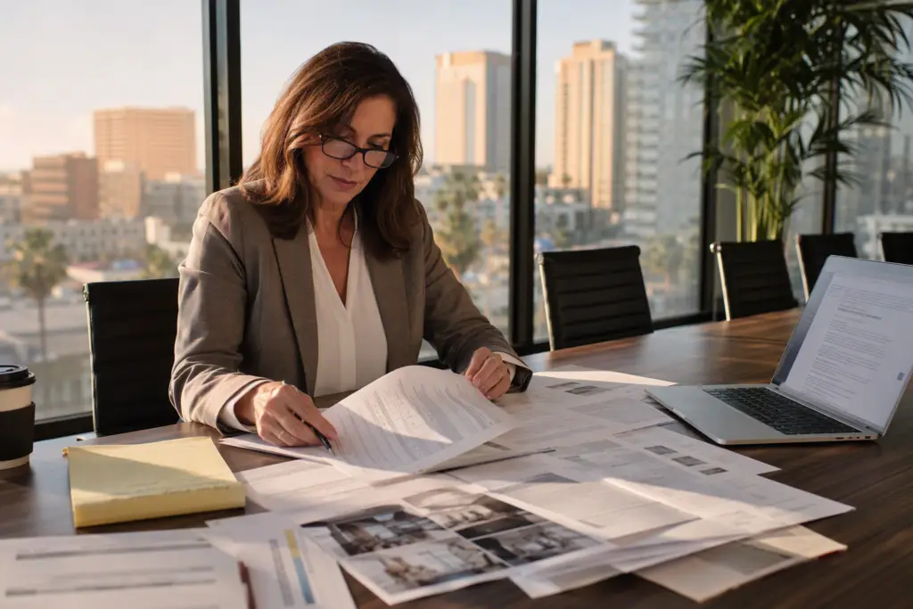 Commercial building manager reviewing elevator modernization tax deduction and depreciation documents in a Southern California office, with upgrade proposals spread on a conference table.