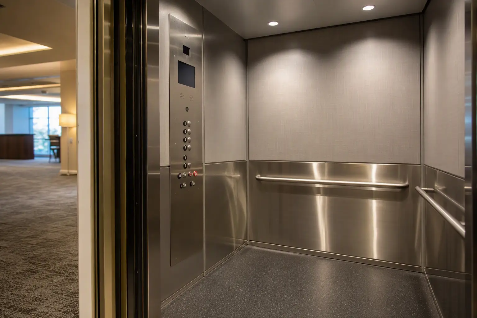 ADA-compliant modernized elevator cab interior in a California commercial building, featuring Braille control panel and handrails qualifying under IRC Section 190 barrier removal deduction.